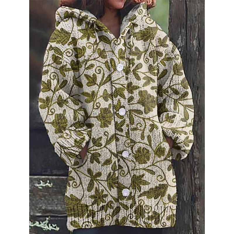 Women's Cardigan Vacation Daily Floral Ribbed Hooded Knitted Print Front Pocket Long Sleeve Regular Tops Knit Outdoor Daily Holiday Yellow Royal Blue Fall Winter2