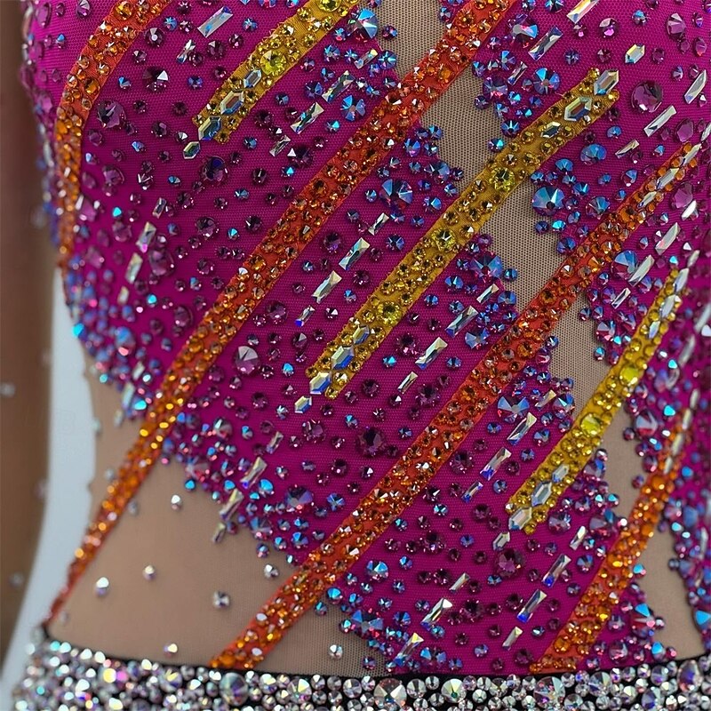 Figure Skating Dress Women's Girls' Ice Skating Dress Rose Red Patchwork Open Back Mesh Spandex High Elasticity Training Competition Skating Wear Classic Crystal / Rhinestone Long Sleeve Ice Skating2