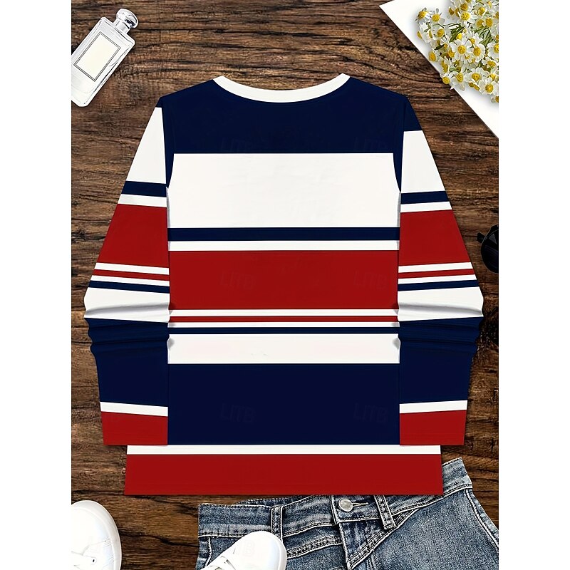 Women's T Shirt Graphic Geometric Striped Vintage Stylish Classic Long Sleeve Crew Neck Round Neck Regular Tops Daily Print Navy Blue Spring Fall Winter3