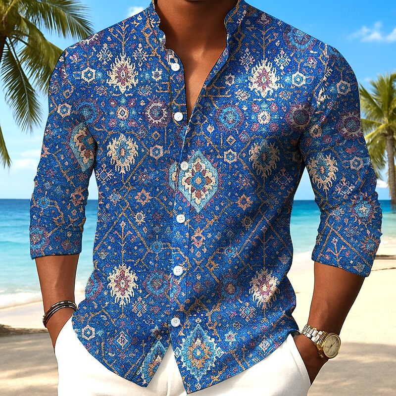 Men's Floral Print Ethnic Flowers Shirt Button Up Shirt Stand Collar Shirt Long Sleeve Vintage Retro Outdoor Vacation Daily Spring Fall Mandarin Collar Band Collar 3D Print Linen Like Shirt Blue2
