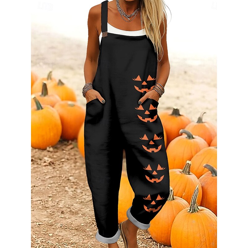 Halloween Women's Jumpsuit Active Graphic Sleeveless Sleeveless Wide Leg Pocket Buttons Vacation Halloween Loose Fit Black White Purple Summer