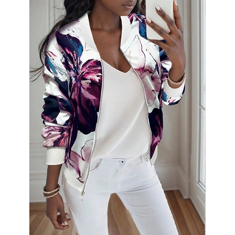 Women's Bomber Jacket Casual Jacket Comfortable Breathable Zipper Print Casual Floral Vacation Street Casual Daily Wear Zipper Short Stand Collar Regular Fit Long Sleeve Outerwear Purple Green Summer - Main Image