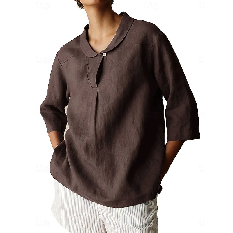 Women's Cotton Linen Shirts Plain Daily Modern 3/4 Length Sleeve Shirt Collar Regular Tops Daily Buttons Black Orange Brown Khaki Gray Summer Spring Fall4