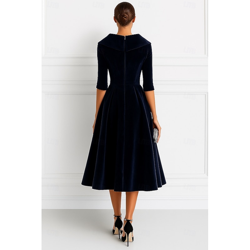 Red Black portrait collar A-Line Mother of the Bride Dress Elegant Vintage Tea Length Velvet Long Sleeve with Ruching Solid Color4