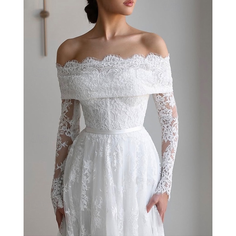 Floral Chantilly Lace Applique Beach Wedding Dress Elegant Off Shoulder Boho Wedding Dresses A-Line Long Sleeve Chapel Train Bridal Gowns Scalloped Hems with Satin Belt 20252