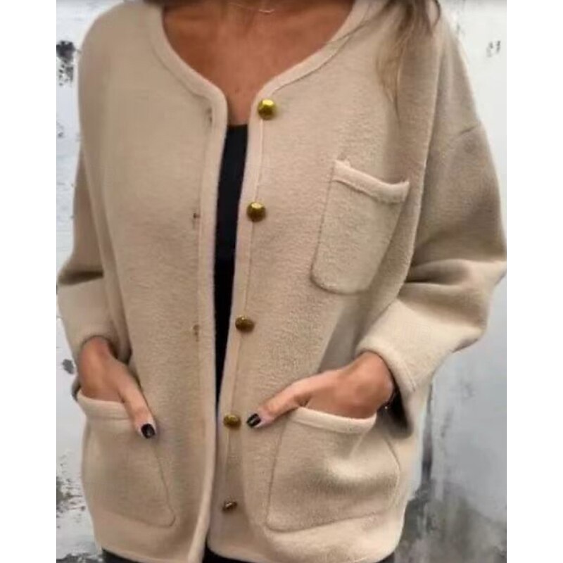 Women's Jacket Warm Comfortable Pocket Buttons Fashion Plain Going out Casual Daily Weekend Single Breasted Regular Crewneck Regular Fit Long Sleeve Outerwear Black White Khaki Fall Winter3