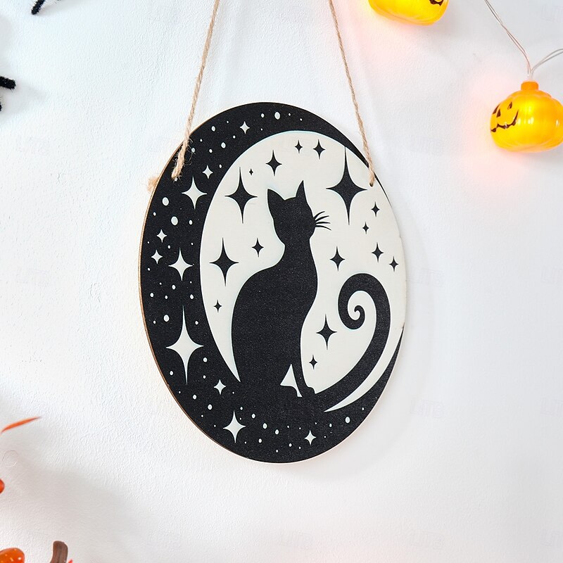 1PC Halloween Round Curly Cat Pattern Decorated Wooden Pendant Halloween-themed Decorative Tag Suitable for Ghost Festival Family Decoration Tag Party Decoration Tag4