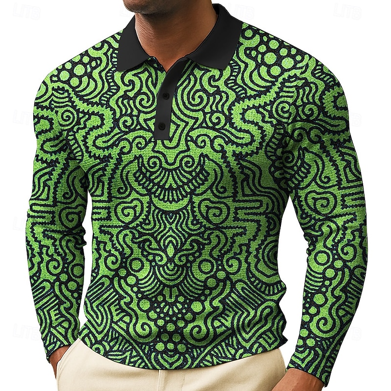 Men's Graphic Waffle Polo Shirts Long Sleeve Polo Shirts Collared Shirts Vintage Casual Daily Wear Buttons Spring Fall Winter Black Red Blue3