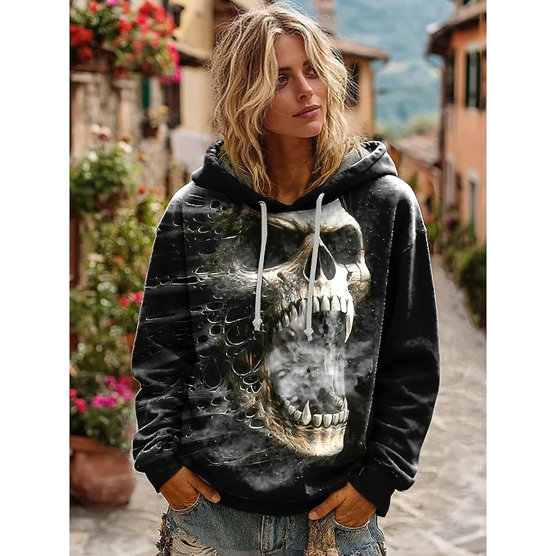 Halloween Women's Hoodie Pullover Sweatshirt Oversized Long Sleeve Casual Skulls Graphic Abstract Fashion Print Hooded Regular Tops Street Dailywear Drawstring Print White Fall Winter2