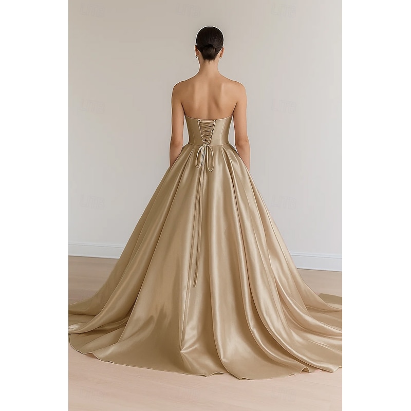 Stretch Satin Ball Gown Evening Gown Elegant Dress Formal Wedding Sweep / Brush Train Sleeveless Strapless with Pleats and Lace Up 20252