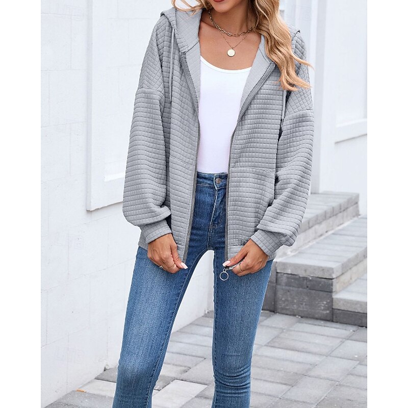 Women's Texture Sweatshirt Waffle Sweatshirt  Zip Up Hoodies Plain Casual Long Sleeve Hooded Regular Tops Street Holiday Going out Zipper Pocket Black Pink Brown Khaki Dark Gray Fall Winter3
