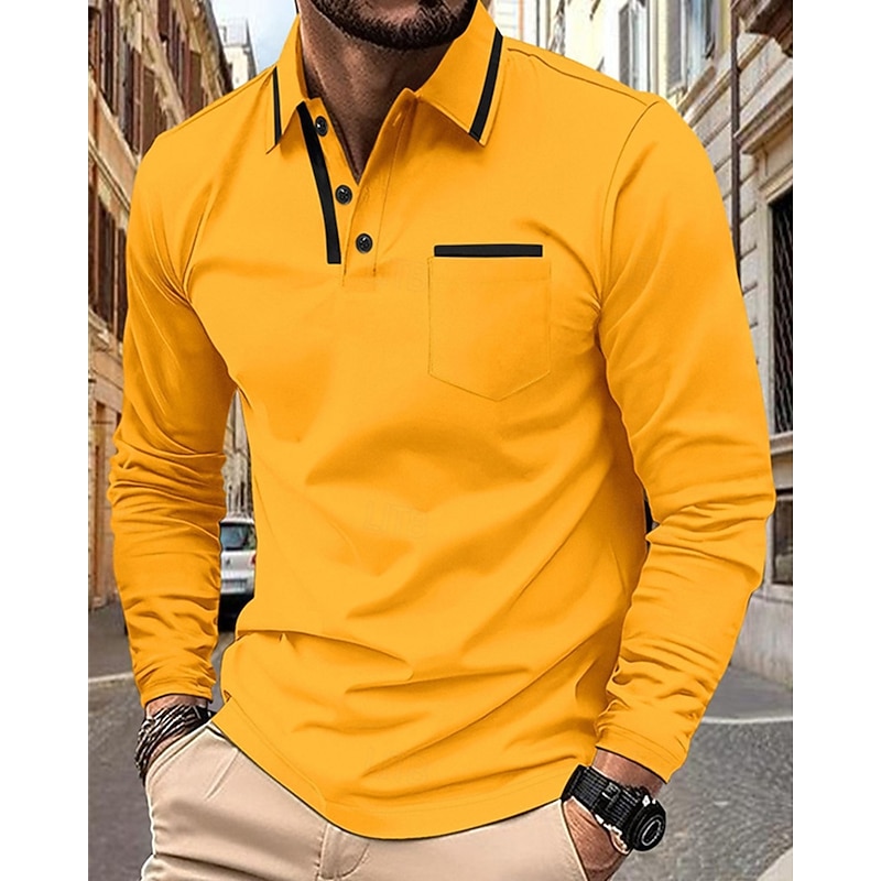 Men's Golf Shirt Golf Polos Shirts Work Casual Lapel Long Sleeve Basic Modern Color Block Pocket Buttons Spring Fall Regular Fit Black Pink Orange Green Golf Shirt2