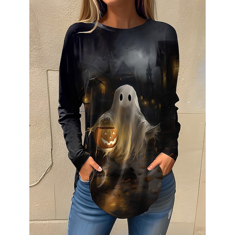 Halloween Women's T shirt Ghost Long Sleeve Vintage Fashion Stylish Long Sleeve Crew Neck Round Neck Long Tops Daily Going out Weekend Print Maroon Black Yellow Blue Orange Spring Fall Prefall4