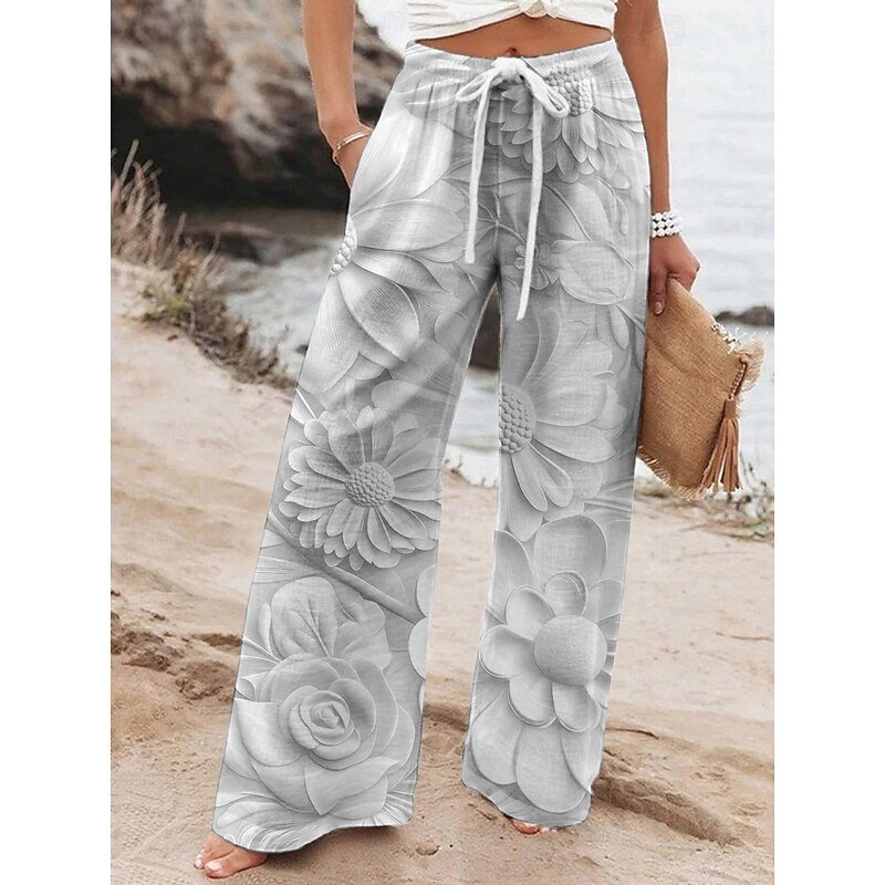 Women's Wide Leg Pants Trousers Vacation Casual Long High Waist Floral Elastic Waist Printing High Cut Breathability Soft Micro-elastic Vacation Street Daily Wear Blue Purple Khaki Gray Spring Fall2
