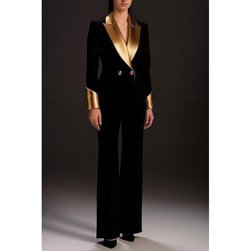 Women's 2 Pieces Suits Formal Wedding Guest Stretch Crepe Elegant Minimalist Long Sleeve Floor Length Peak Lapel Double Breasted