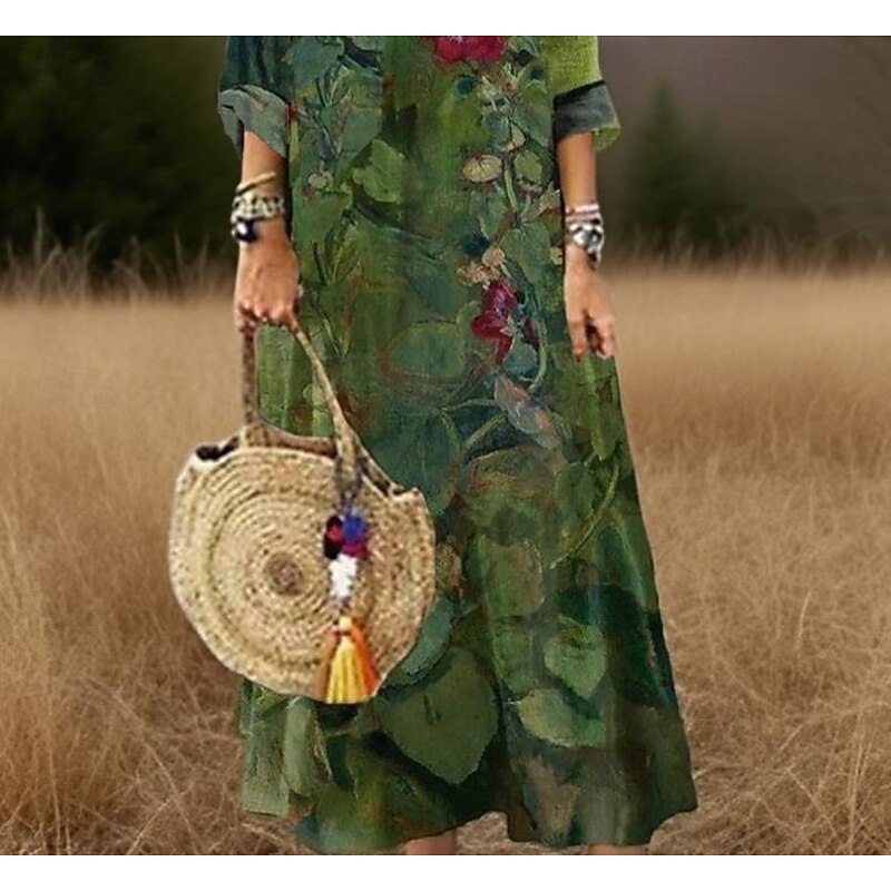 Women's Long Dress Maxi Dress Casual Dress Print Dress Fashion Modern Daily Beach Weekend Regular Fit Flower 3/4 Length Sleeve V Neck Green Fall3