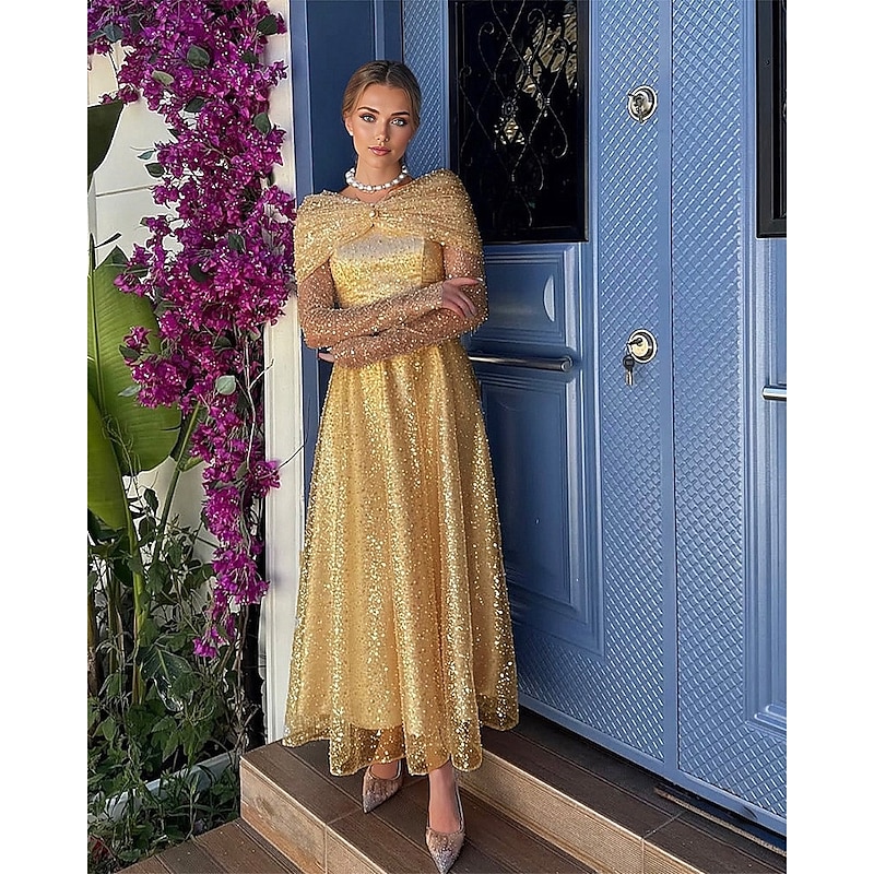 A-Line Cocktail Dresses Sequined Elegant Dress Formal Wedding Tea Length Long Sleeve Off Shoulder Lace with Ruched Details 2025