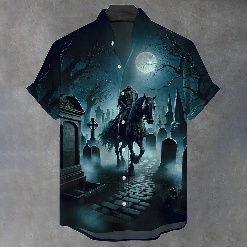 Halloween Men's Halloween Costumes Headless Horseman Shirt Button Up Shirt Stand Collar Shirt Short Sleeve Dark Gothic Style Holiday Summer Spring Mandarin Collar 3D Print Linen Like Shirt Blue Purple - Main Image