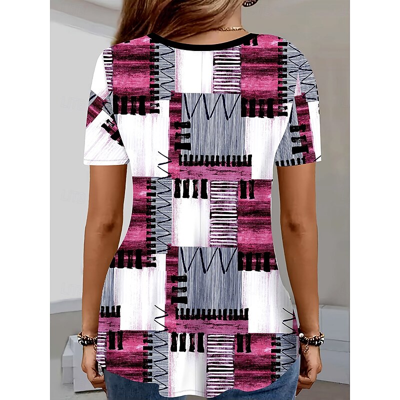 Women's T Shirt Graphic Geometric Plaid Bohemia Vintage Stylish Short Sleeve V Neck Regular Tops Daily Going out Weekend Print Rose Pink Summer Spring Fall2