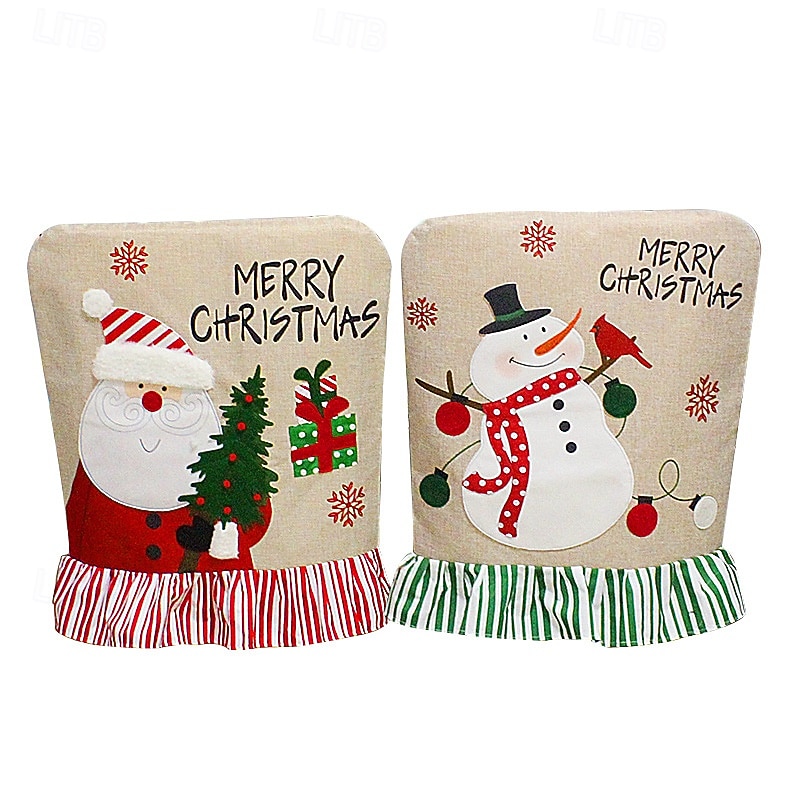 Christmas Chair Cover Embroidered Santa and Snowman Chair Back Covers with Lace Festive Holiday Seat Slipcovers Decorative Cushion Perfect Christmas Home Party Decoration