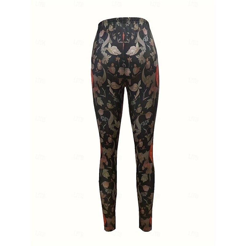 Women's Leggings Vacation Vintage Ethnic Style Full Length High Waist Graphic Animal Cat 3D Print Quick Dry Breathability Soft Stretchy Outdoor Home Causal Orange Fall Slim Fit3