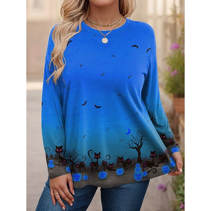 Halloween Women's Plus Size Tops T Shirt Graphic Print Long Sleeve Crew Neck Casual Daily Polyester Fall Winter Blue Purple4