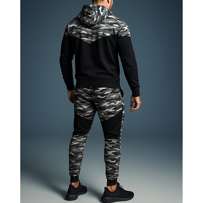 Men's Tracksuit Jogging Suit Sweatsuit Sets Full Zip Camouflage Clothing Suit Fall Light Grey Green Gym Basekeball Workout High Waist Fashion Long Sleeve Sport Activewear Micro-elastic Regular Fit2