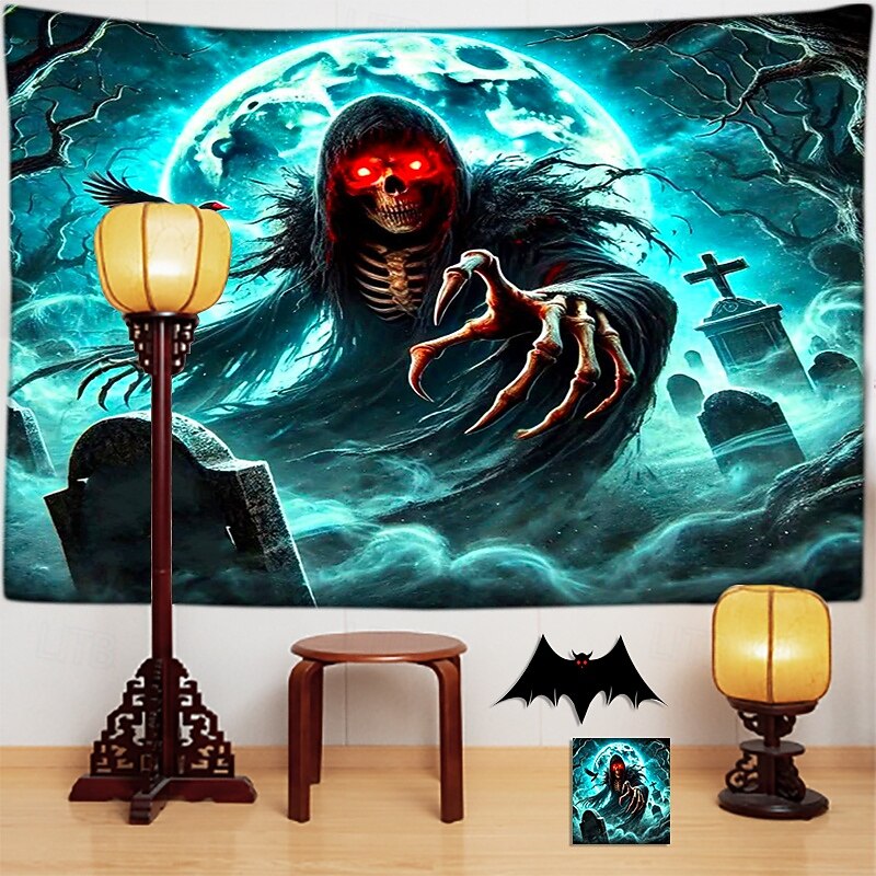 Halloween Skeleton Tapestry – Creepy Graveyard Scene Wall Hanging with Undead Skeletons Rising from Tomb, Horror Wall Decoration for 2025 Halloween Bedroom or Party