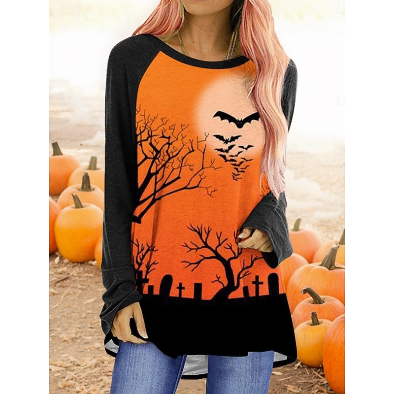 Halloween Women's T shirt Pumpkin Long Sleeve Graphic Vintage Casual Long Sleeve Crew Neck Regular Tops Daily Print Black White Yellow Orange Spring Fall Prefall3