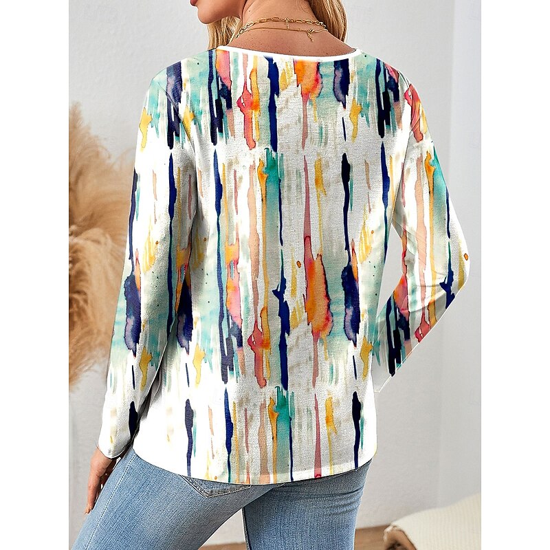 Women's T Shirt Ombre Graphic Vintage Stylish Classic Long Sleeve V Neck Regular Tops Daily Cut Out Print Pink Blue Orange Spring Fall2
