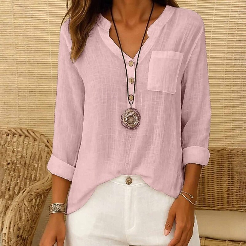 Women's Shirt Texture Blouse Blouse Plain Modern Casual Long Sleeve V Neck Regular Tops Daily Going out Pocket Buttons White Pink Red Blue Khaki Fall