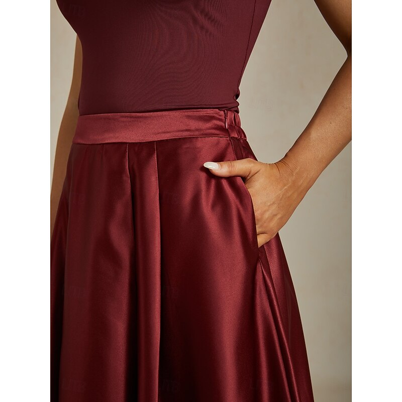 Women's Skirt Elegant Vintage Fashion Maxi Mid Waist Skirts Ruched Pleated Pocket Micro-elastic New Year Party Evening Wear Wine Red Spring 100% Polyester3