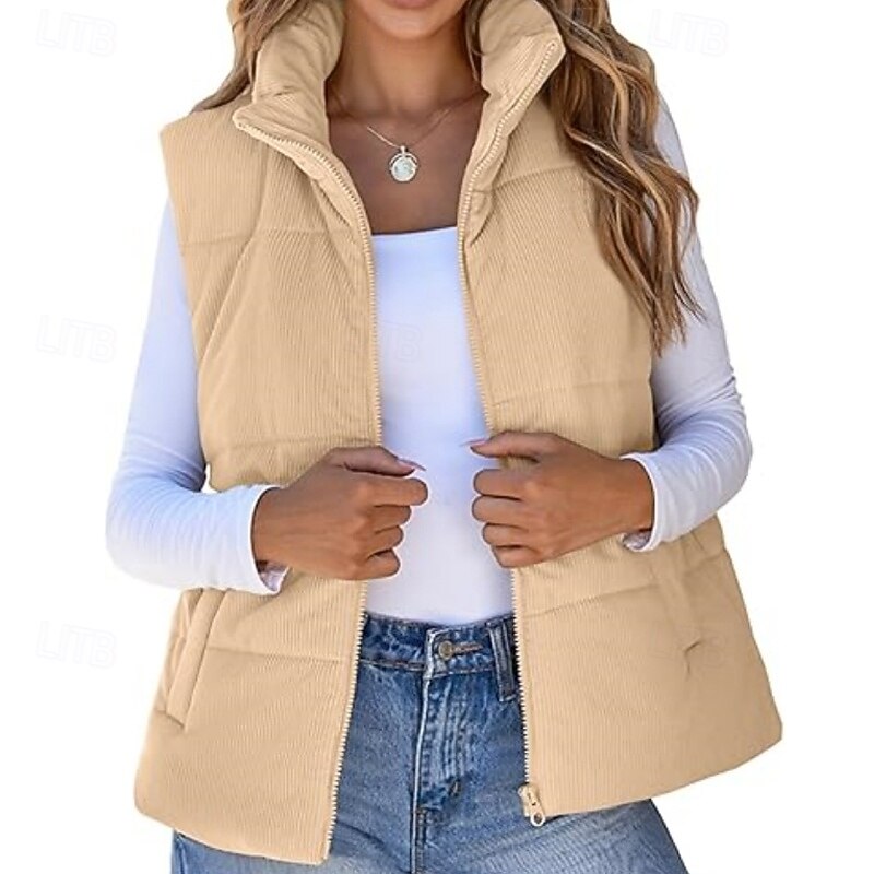 Women's Vest Warm Comfortable Zipper Pocket Fashion Plain Going out Weekend Zipper Regular Stand Collar Regular Fit Sleeveless Outerwear Black Pink Apricot Fall Winter4