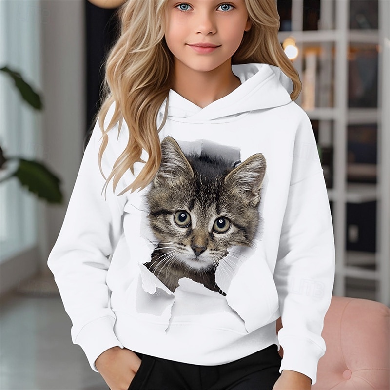 Girls' 3D Animal Cat Hoodie Long Sleeve Spring Fall Fashion Streetwear Kids 4-12 Years Hooded Outdoor Casual Daily Regular Fit4
