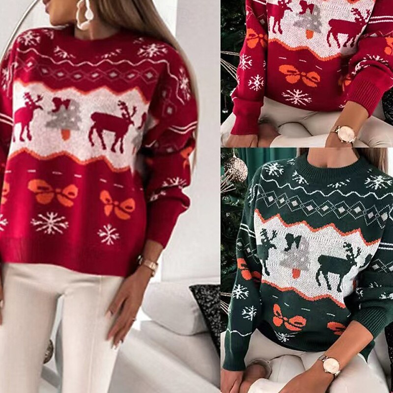 Women's Sweater Pullover Casual Reindeer Ribbed Crew Neck Knitted Print Long Sleeve Regular Tops Knit Christmas Daily Holiday Red Green Winter