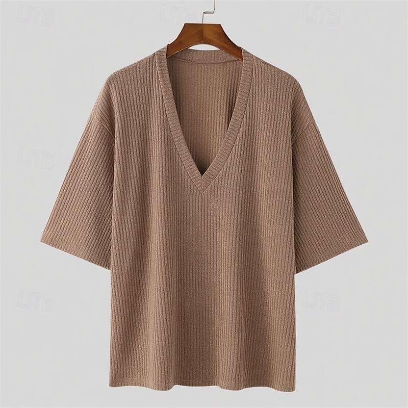 Men's T Shirt Tee Short Sleeve Shirt Tee Top Half Sleeve V Neck Summer Plain Fashion Designer Basic Knitting Vacation Street Going out Black Coffee Top Tee for Men2