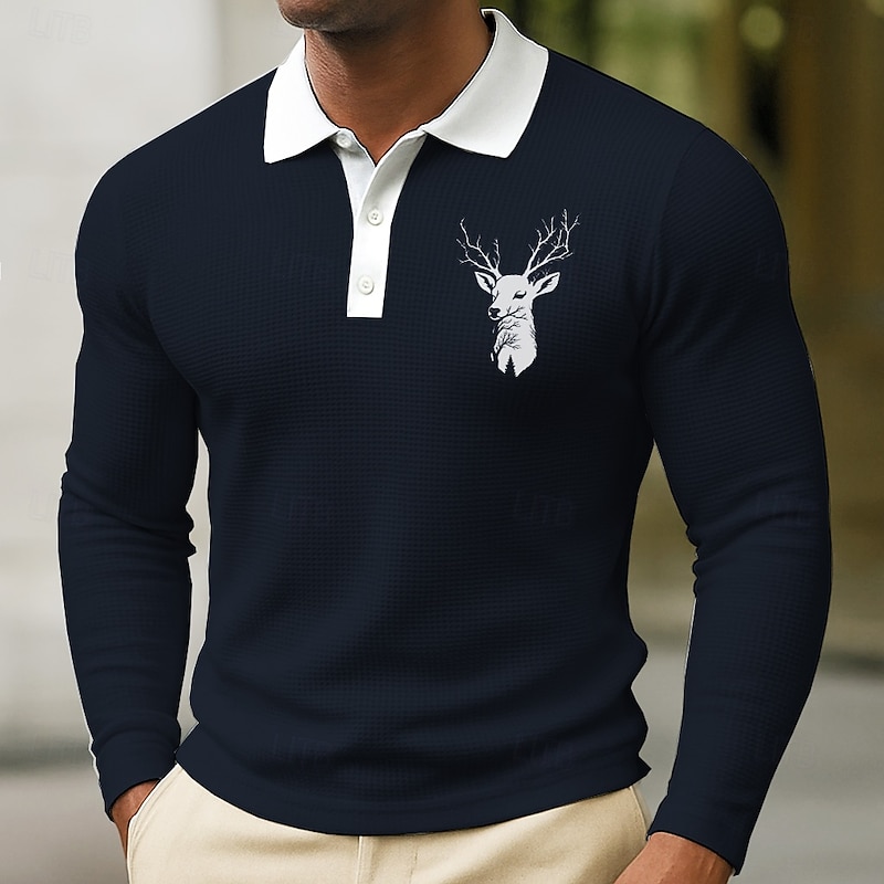 Men's Animal Deer Waffle Polo Shirts Long Sleeve Polo Shirts Collared Shirts Casual Wear to work Daily Wear Buttons Spring Fall Winter Navy Blue Blue Green