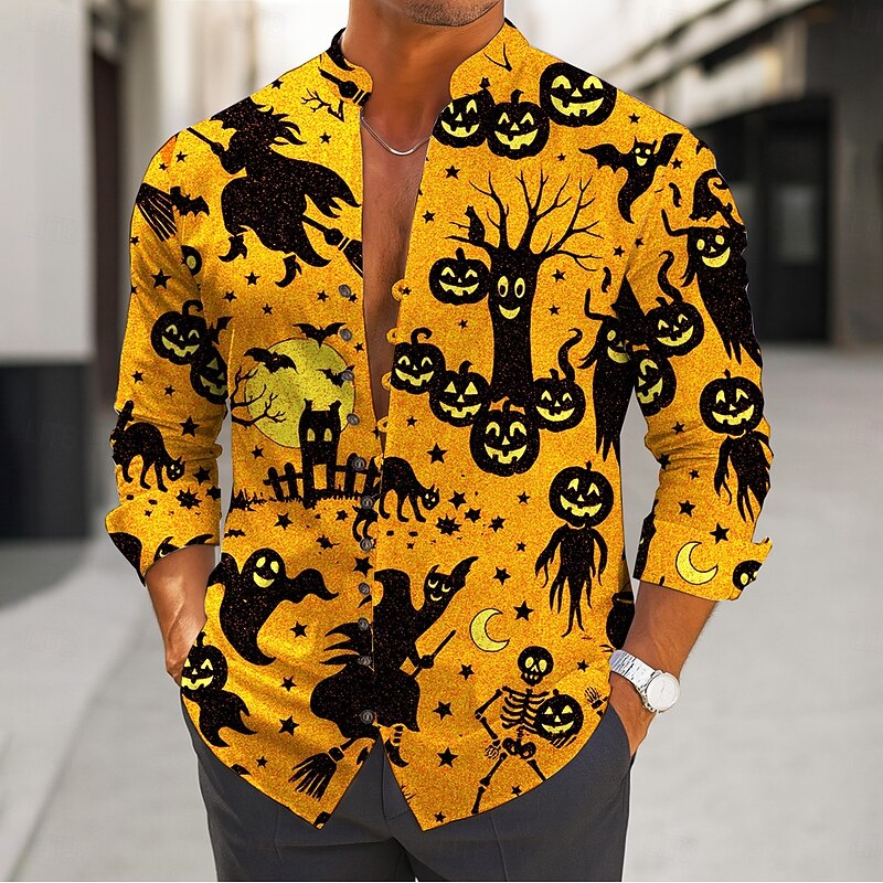 Halloween Men's Pumpkin Bat Halloween Costumes Shirt Stand Collar Shirt Long Sleeve Dark Gothic Style Outdoor Holiday Spring Fall Mandarin Collar Band Collar Button-Down Linen Like Shirt White Blue