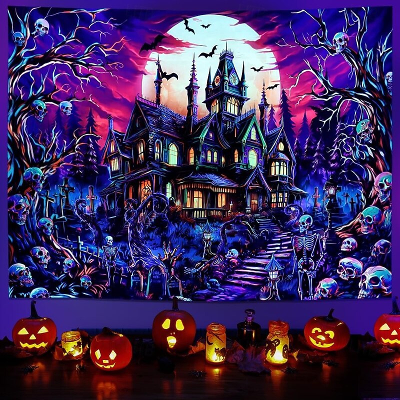 Halloween Decorations Blacklight Tapestry UV Reactive Glow in the Dark Glow Party Skulls Psychedelic Trippy Haunted House Hanging Tapestry Wall Art Mural for Living Room Bedroom4