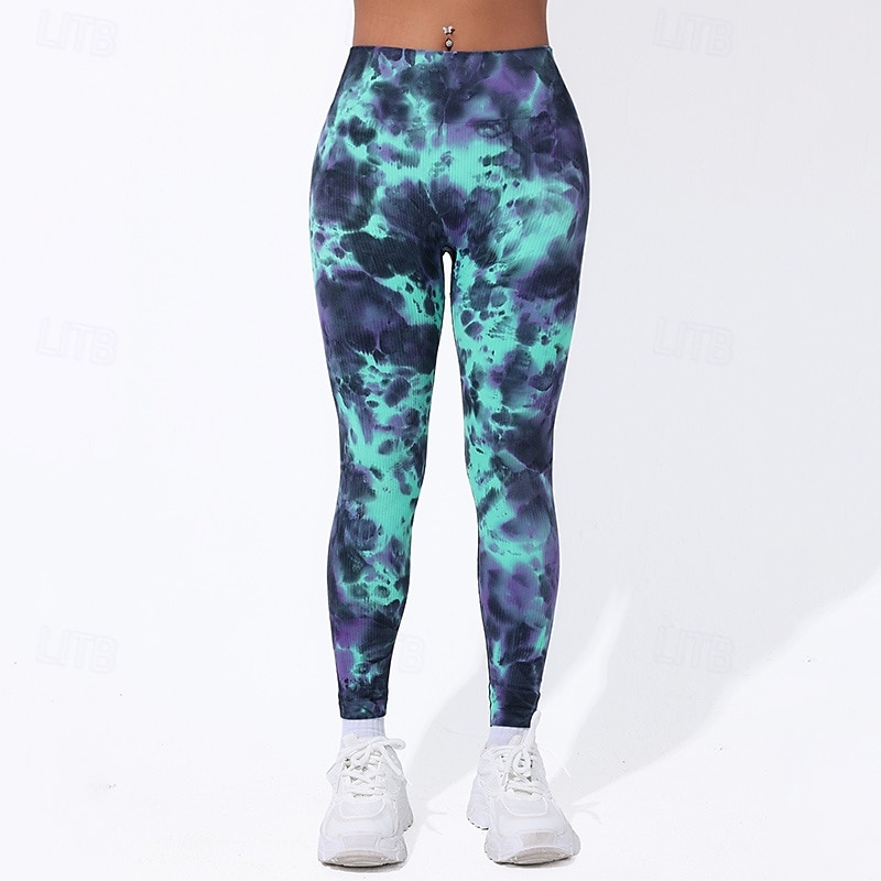 Women's Compression Pants Running Tights Yoga Leggings Tummy Control High Waist Gym Workout Athletic Bottoms Tie Dye Green Fall Sports Activewear2
