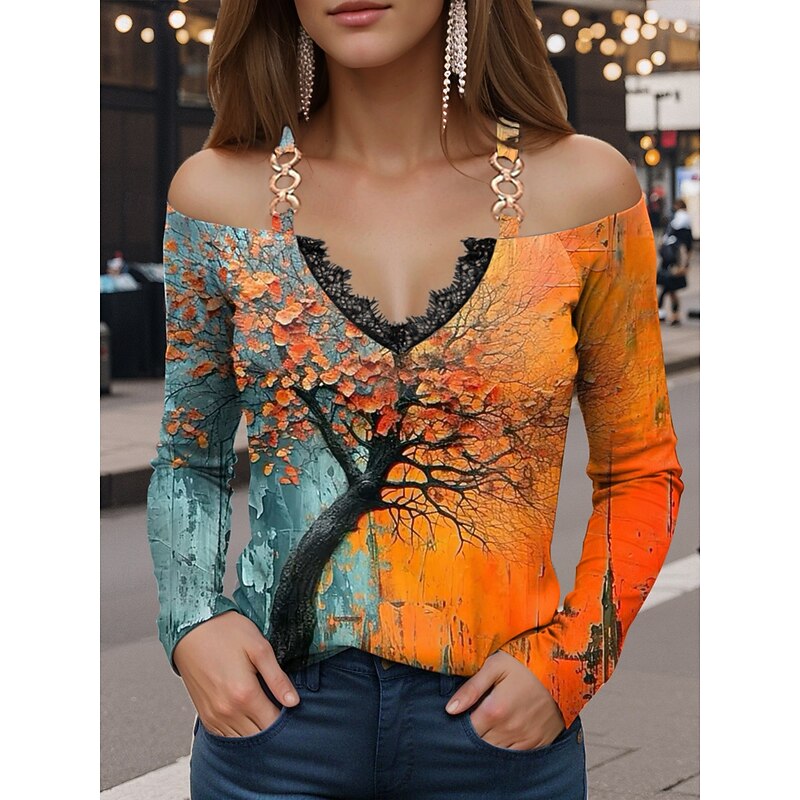 Women's T Shirt Floral Vintage Casual Long Sleeve Off Shoulder Regular Tops Daily Patchwork Print Black Red Orange Summer2
