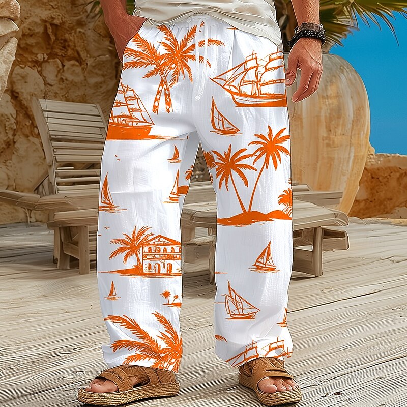 Men's Coconut Tree Tropical Plants Trousers Baggy Pants Casual Pants Mid Waist Hawaiian Outdoor Vacation Home Elastic Drawstring Waist Linen-Like Pants with Pockets Spring Fall 3D Print Blue Orange