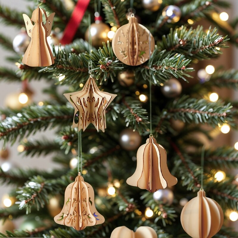 10PCS Christmas Wooden Ornaments, 3D DIY Assembly Hanging Decorations with Star and Heart Shapes, Creative Simple Wood Xmas Tree Hanging Decor for Holiday Scene Arrangement