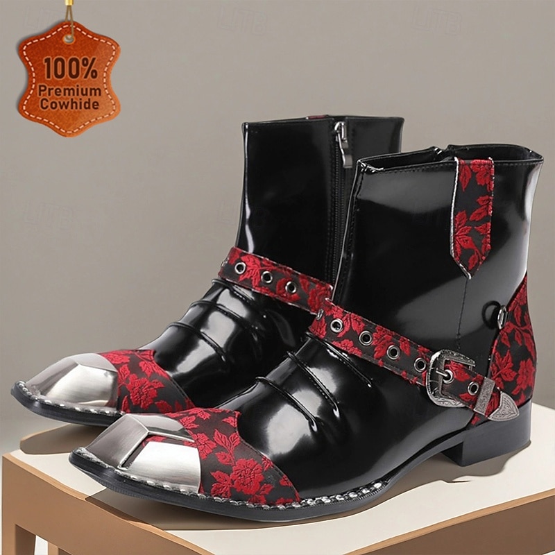 Men's Black Patent Leather Ankle Boots with Red Gothic Pattern, Punk Style Dress Boots for Parties, Stage Performance and Nightlife