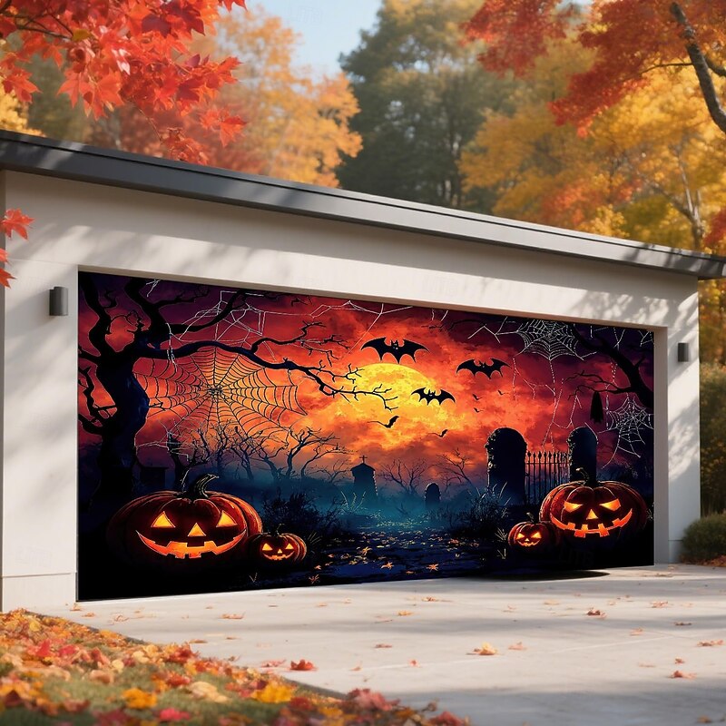 Halloween Tapestry Garage Door Cover Large Hanging Backdrop Pumpkin Cemetery Dark Punk Gothic Style Party Outdoor Shooting Backgrounds Front Door Home Decor