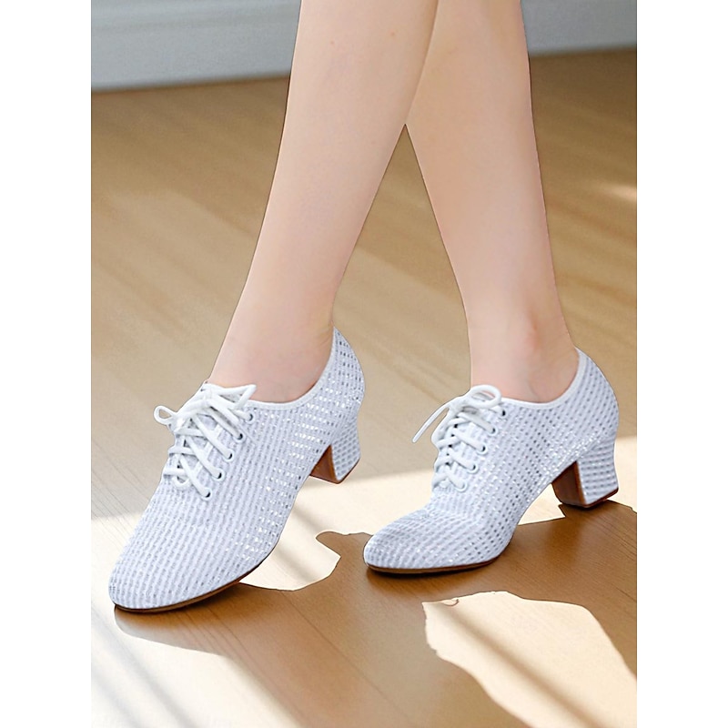 Women's White Lace-Up Dance Shoes - Sparkly Chunky Heel Ballroom Footwear with Breathable Mesh Design for Practice and Performance3