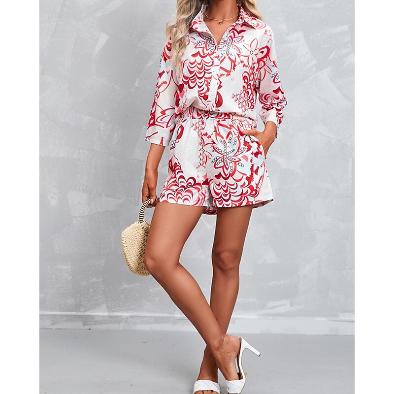 Women's Active Streetwear Shirt Blouse Shorts Sets Long Sleeve Shirt Collar Floral Print Vacation Casual Daily Pink Red Fall Regular Fit3