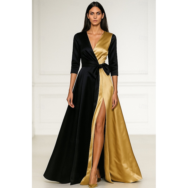 Black Gold A-Line Evening Gown Elegant Dress Formal Wedding Floor Length Half Sleeve V Neck Stretch Satin with Bow(s) Pleats