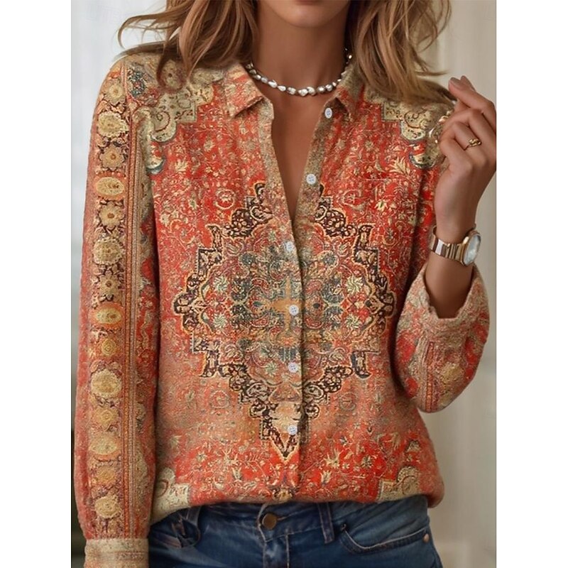 Women's Shirt Floral Graphic Elegant Bohemia Daily Long Sleeve Shirt Collar Regular Tops Daily Holiday Buttons Print White Pink Light Purple Purple Orange Spring Fall Winter