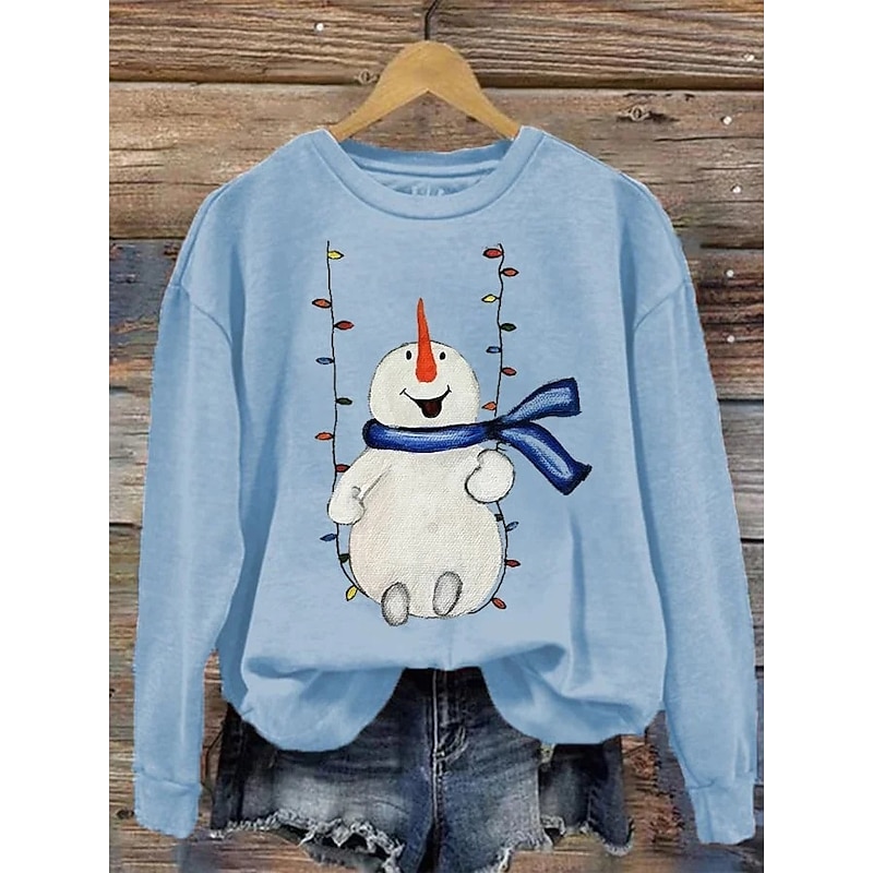Women's Pullover Graphic Snowman Casual Long Sleeve Crew Neck Regular Tops Street Dailywear Casual Print White Pink Red Blue Khaki Fall Winter - Main Image